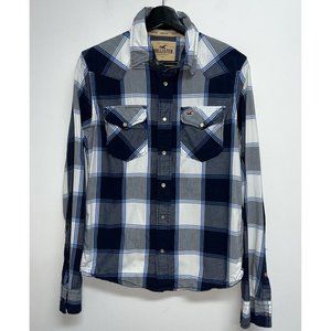 Hollister Mens Pearl Snap Western Shirt Size S Blue Plaid Long Sleeve Super Cut